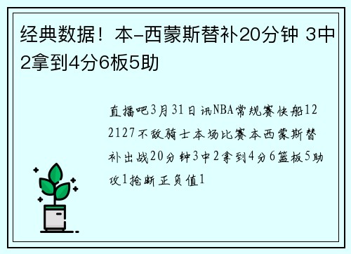 经典数据！本-西蒙斯替补20分钟 3中2拿到4分6板5助