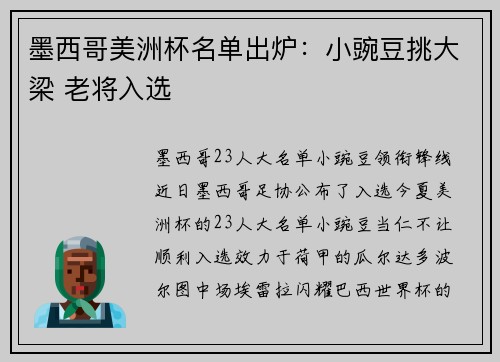 墨西哥美洲杯名单出炉：小豌豆挑大梁 老将入选