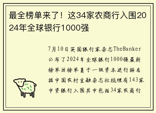 最全榜单来了！这34家农商行入围2024年全球银行1000强
